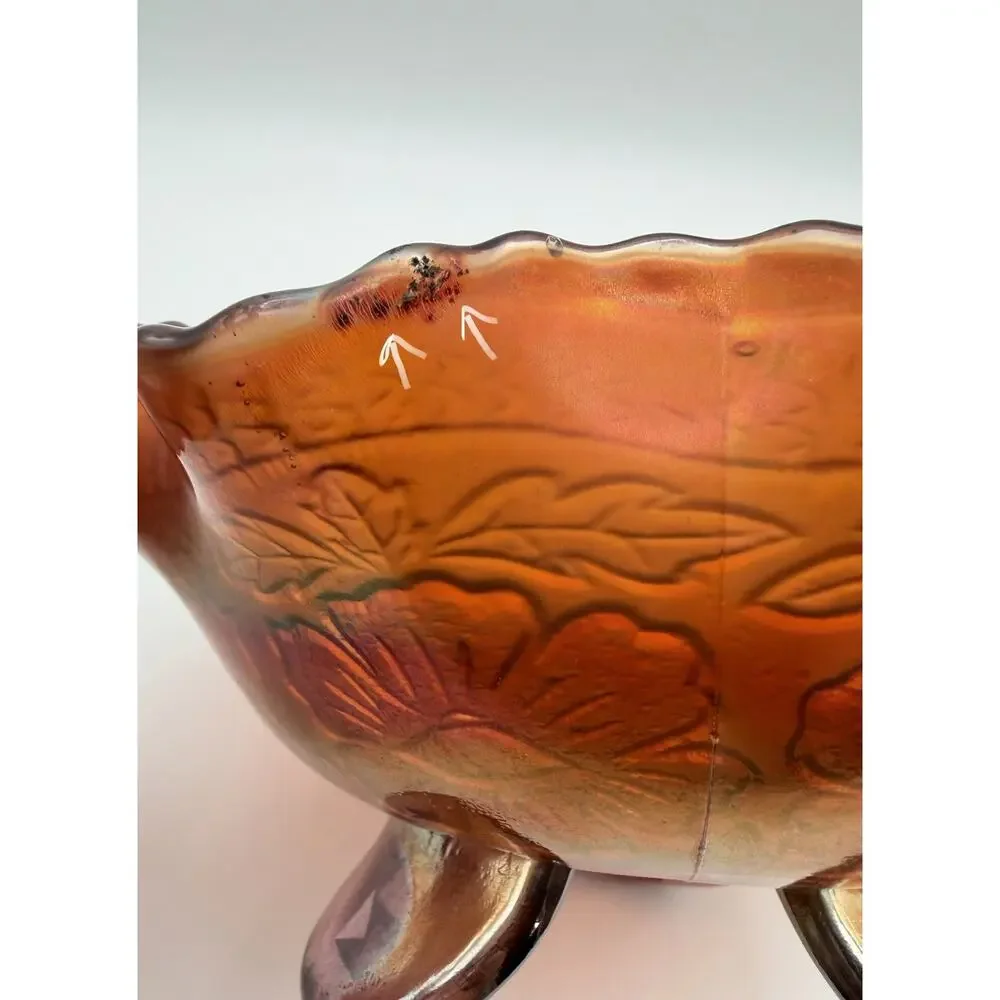 Fenton Two Flowers Carnival Glass Footed Bowl 8” Ruffled Wavy Edge Antique